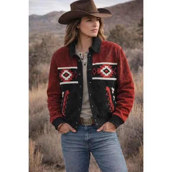 Vintage Southwestern Suede Leather Bomber Jacket Western Aztec Mens Sz M Women L